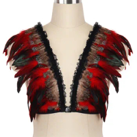 JLX.HARNESS Womens Angel Red feather bra Body Harness top Shawl cape Goth Gypsy Feather Wedding Wing Festival Rave