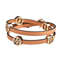 【TORY BURCH】TORY BURCH MILLER小牛皮搭配黃銅雙T金屬LOGO扣式雙圈手鍊(金x棕)