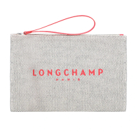 【LONGCHAMP】ESSENTIAL系列帆布LOGO字母手拿包(草莓紅)