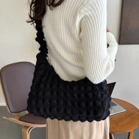 Women Pleated Clutch Purse Soft Drawstring Strap Padded Hobo Bag Solid Color Pleated Puffer Bag Large Capacity Chic Sling Bag