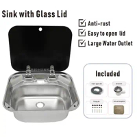 RV Sink With Cover Glass Lid Nano Coating Conversion Campervan Caravan Sink Motorhome Boat Kitchen Stainless Steel 304 Like 8005
