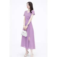 Midi Dress lengan pendek sifon Wanita Gaya Korea Model terbaru - Jfashion Dyah XL-XXL Ungu