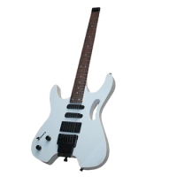 Headless Left Handed White Electric Guitar with Black Hardware,Offer Customize