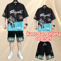 one set jumbo Setelan kaos pria korean style 2024 Mode hitam new atasan T shirt Putih baju kaos over