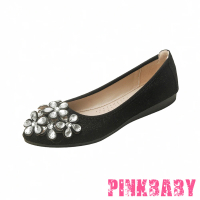 【PINKBABY】尖頭平底鞋 軟底平底鞋/小尖頭亮絲布美鑽花朵造型軟底平底鞋(黑)