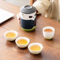 【功夫熊貓】熊貓大俠旅行茶具6件套-附收納包(商務杯 茶壺 茶杯 快客杯 隨身泡茶 茶器 功夫茶具 禮物)