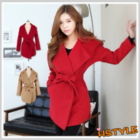 【HSTYLE】毛呢大衣 綁帶毛呢長大衣GS3032-酒紅色,S