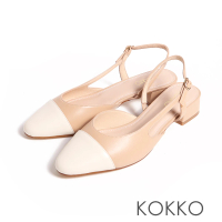 【KOKKO 集團】心機鞋側鏤空設計小香風拼接低跟半包鞋綿牛皮(卡其色)