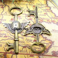 3pcs--Huge Steampunk Key Charms, Antique Bronze Lovely Time hine Clock Wings Key Charm Pendant 45x76mm