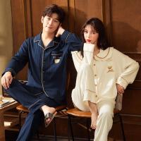 Spring and Autumn Couple's Pajamas Cotton Long Sleeves Can be worn externally Men and Women's Flip C