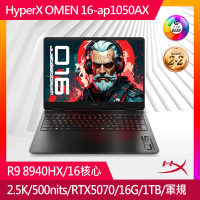 【HP 惠普】16吋Ryzen 9 8940HX 5070 8G電競筆電(HyperX OMEN 16-ap1050AX/16G/1T/W11/究極黑)