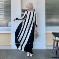 Vina Dress Salur Garis Elegan Bahan Knit Gamis Cantik Wanita Muslimah Formal Lembut