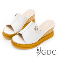【GDC】真皮焦糖夾心春夏愛心釦楔型素色厚底拖鞋-白色(312436-11)