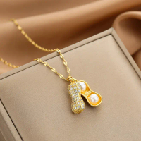 { Bayar Di tempat } Kalung Titanium Wanita Emas Lapis 18k Kalung Wanita Liontin Kacang Mutiara Kalun