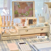 Kawaii Desktop Miscellaneous Storage Drawer Office Stationery Shelf with Phone Holder Family Organizer Desk Organizers Pink