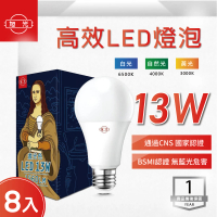 【旭光】LED E27 13W 全電壓 球泡 白光 黃光 自然光-8入組(LED E27 13W 全電壓 燈泡)