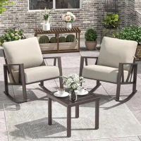 Patio Porch Furniture Set, Patio Outdoor Rocking Chairs Set of 2 with Coffee Table, 3 Piece Metal Outdoor Patio Furniture Set