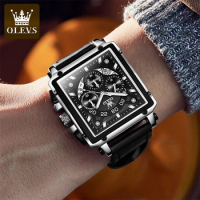 OLEVS 9919 Original Quartz Watch for Men Leather Strap Big Dial Square Waterproof Chronograph Sport 