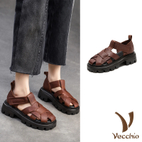 【Vecchio】真皮涼鞋 厚底涼鞋/真皮頭層牛皮復古米字編織設計厚底涼鞋(棕)