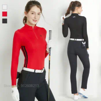SWAN LOVE GOLF Female Casual T-Shirt Long Sleeve Quick-dry Slim Golf Shirt Ladies Stripe Zip Collar Tops Breathable Sportswear