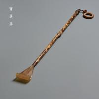 梅鹿竹柄鑲花牛角不求人癢癢撓 中式文玩茶道竹制癢扒 長柄抓癢器