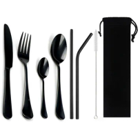 8-Pcs Black Portability Dinnerware Metal Straw Stainless Steel Colorful Tableware Steak Knife Fork Teaspoon Dinner Cutlery Set