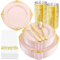 350PCS Pink and Gold Plastic Plates - Pink Plastic Dinnerware Sets for 50 Guests - 100 Pink Disposable Plates, 150 Gold Plastic