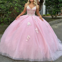 Pink Quinceanera Dress Mexican Applique Tull Vestidos De 15 Princess Sweet 16 Birthday XV Ball Gown Cinderella Girl Dress