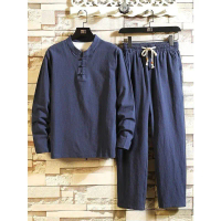 2026 Men's Spring and Autumn Cotton Linen Long Sleeve Set Chinese Style Linen Zen Clothing Button Ta