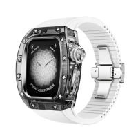 Crystal Mod Kit for Apple Watch 44mm 45mm Luxury Fashion Retrofit Case Viton Strap iWatch Series 9 8 7 6 5 4 SE white band