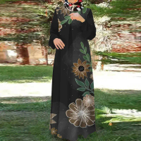 Abaya Islam Muslim, Gaya Elegan, Cetakan Bunga, Lengan Panjang, Leher O, Gaya Kasual, Sesuai untuk W