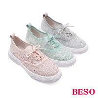 【A.S.O 阿瘦集團】BESO 飛織布燙鑽綁帶平底休閒鞋(多色任選)
