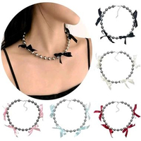 Amelie Bow Metalic Necklace Kalung Beads Pita Ribbon Metalik CCB Coquette Bowtie Kalung Manik Handma