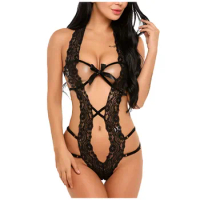 Sexy Crotchless Women Sex Lingerie Lace Hollow Bra Set Erotic Costumes Exotic Baby Doll Dress Deep V Sex Underwear Bodysuits