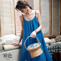 【初色】日系時尚克萊因藍顯白寬鬆無袖吊帶裙連身裙長裙洋裝-藍色-68944(M-2XL可選)