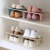 Household Solid Color Small Double Shelf Space Savers White Shoe Rack Cabinets Organizer Closet Holder Bracket Storages Racks