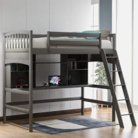 Children Bed, Twin Loft Bed with Desk, Solid Wood Twin Size Loft Bed Frame with Shelves, Children Bed