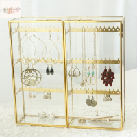 歐式黃銅玻璃收納櫃復古耳環項鍊雙門展示架化妝臺桌面整理