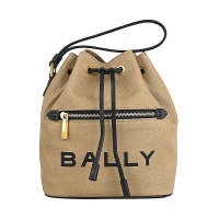 【BALLY】BALLY BAR字母LOGO帆布抽繩手提水桶包(駝棕)