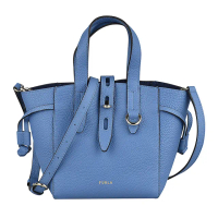 【FURLA 芙拉】FURLA NET LOGO釦式小牛皮手提斜背托特包(迷你/海洋藍)