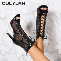NEW 10cm 7cm High Heels Mesh Ribbon Dance Shoes 2024 Large Fish Mouth Sandals for Women 2024 New Thin Heels Dance Boots