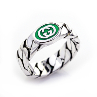 二手品 GUCCI 古馳 Interlocking 雙G橢圓綠色琺瑯 925純銀戒指