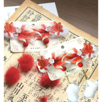 1 Pair Koi Hanfu Cute Barrettes Ancient Style Surplus Year after Year Embroidery Headdress Chinese Red Goldfish Hair Decoration