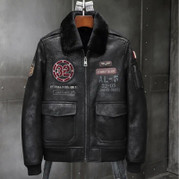 2019 Mens Black Shearling Jacket Leather Jacket Fur Coat Mens Airforce Flight Coat Embroidered Jacket