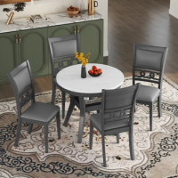 5-piece Dining Round Table Set with 1 Faux Marble Top Dining Table &amp;4 PU-leather Chairs,for Kitchen or Dining Room,Easy to clean