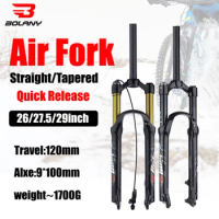 Bolany MTB Oil Air Suspension FrontForkMagnesium Alloy Shock Absorber 120mm Fork Stroke 26/27/29inch Quick Straight/Tapered Tube