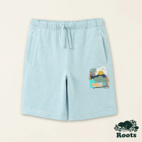 【Roots】Roots大童-海洋生活家系列 抽象海狸有機竹節棉五分短褲(淺藍色)