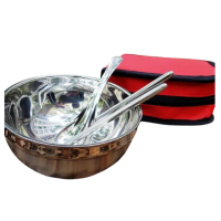 【May Shop】兩入組 折疊單人碗包餐具套裝 勺子飯碗筷 學生便攜餐具不銹鋼碗