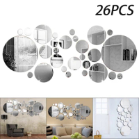 26 Pcs Acrylic Mirror Wall Sticker Round Mirror Decal Self-Adhesive Wall Sticker Decal DIY Removable Mural Decor for Living Room