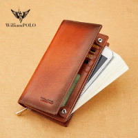 WILLIAMPOLO Genuine Leather Mens Wallet Business Clutch Bag Long Vintage Large Capacity Wallet Credit Card Holder Wallet For Men